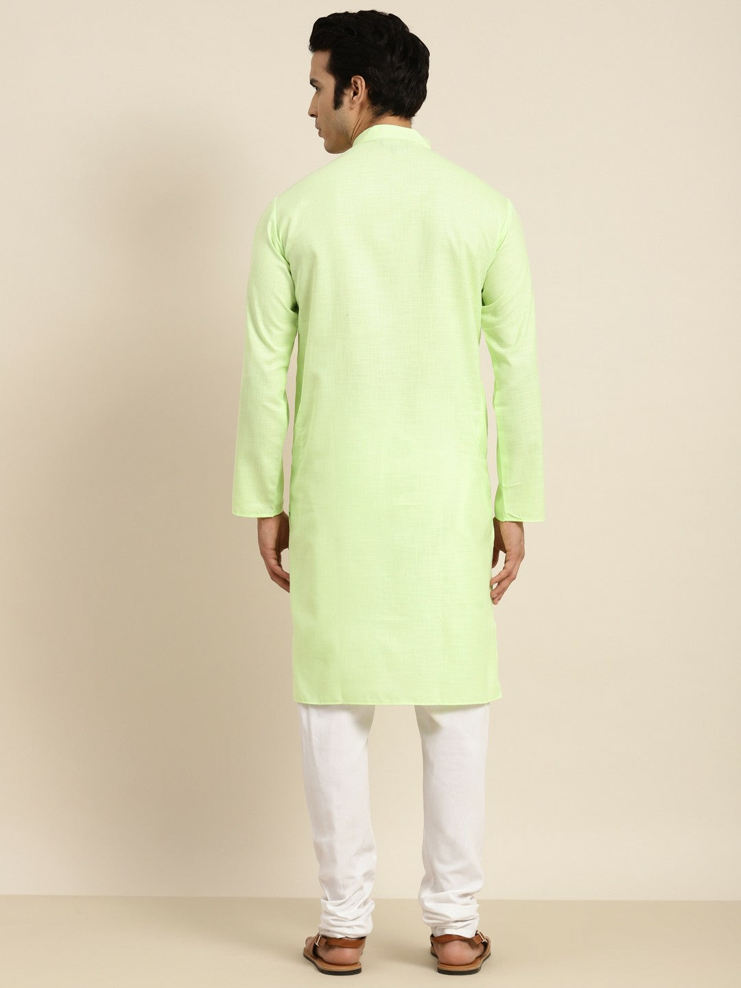 Men’s Green Band Collar Kurta – Solid Cotton Kurta with Long Sleeves | Indiaista