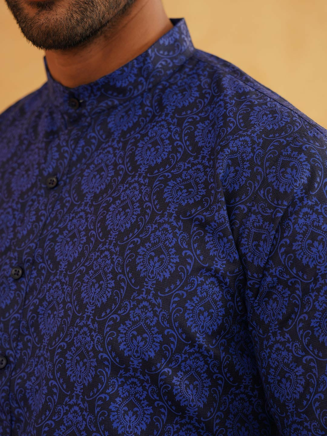 Men’s Navy Blue & White Ethnic Motifs Printed Kurta – Cotton Linen, Mandarin Collar, Knee Length | Indiaista