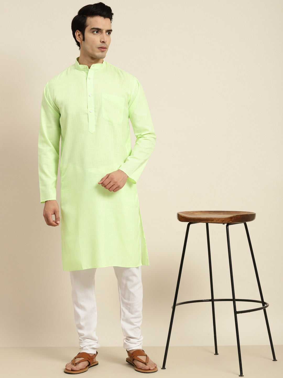 Men’s Green Band Collar Kurta – Solid Cotton Kurta with Long Sleeves | Indiaista