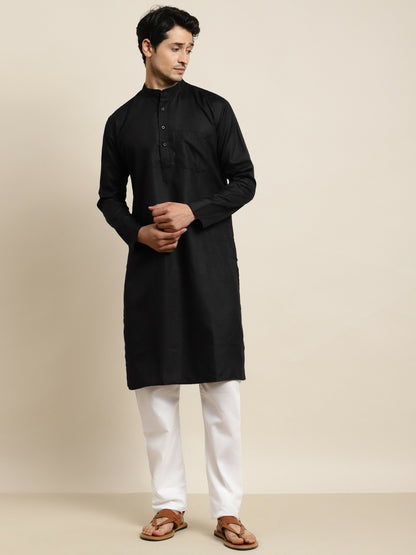 Men’s Black Mandarin Collar Kurta – Solid Cotton, Knee-Length, Regular Fit | Indiaista