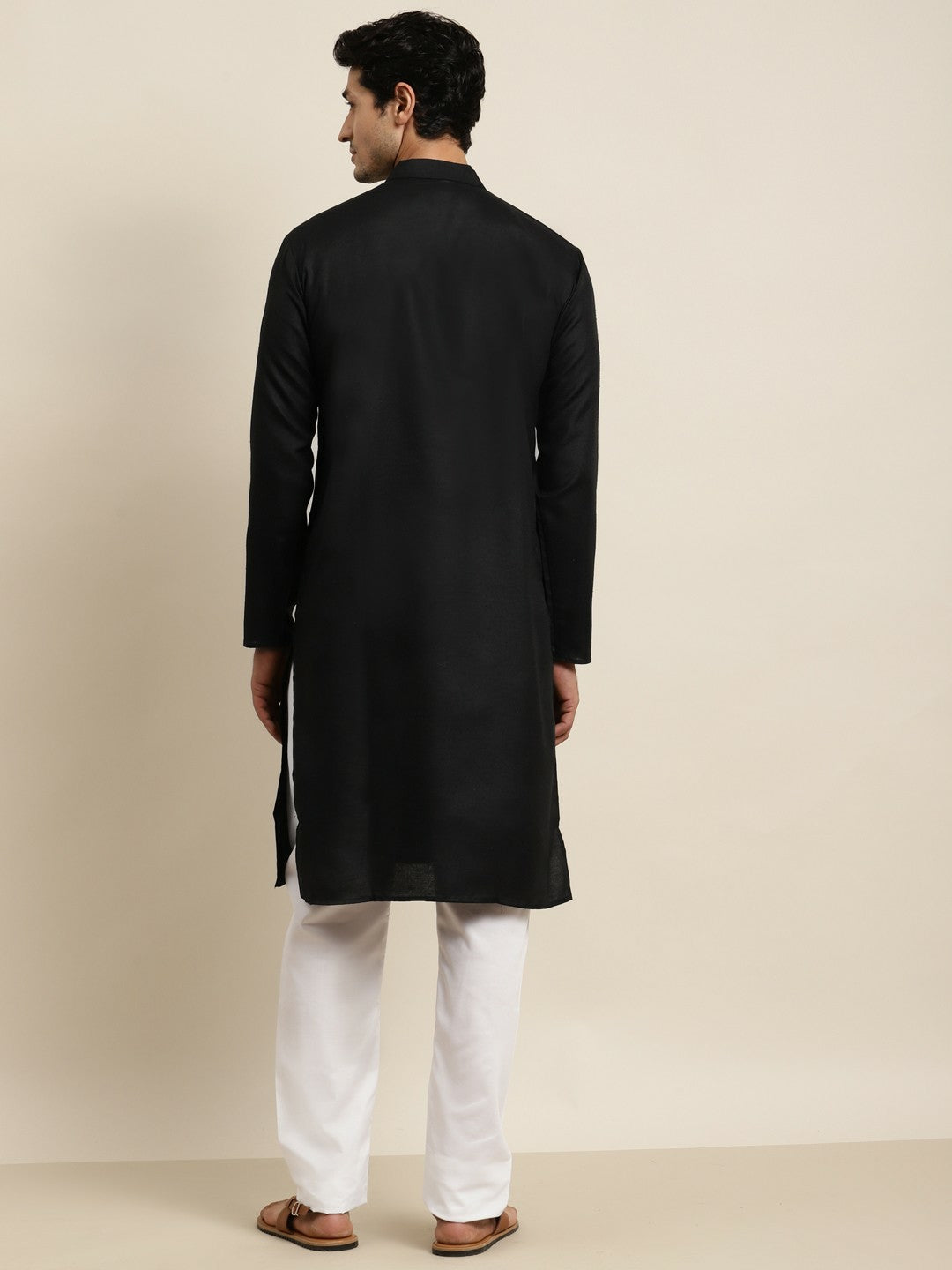 Men’s Black Mandarin Collar Kurta – Solid Cotton, Knee-Length, Regular Fit | Indiaista