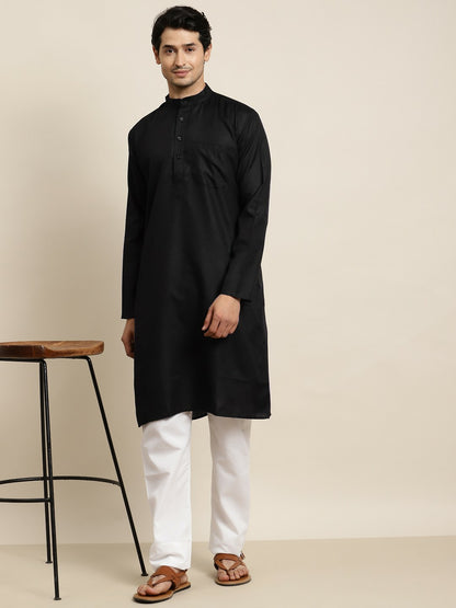 Men’s Black Mandarin Collar Kurta – Solid Cotton, Knee-Length, Regular Fit | Indiaista