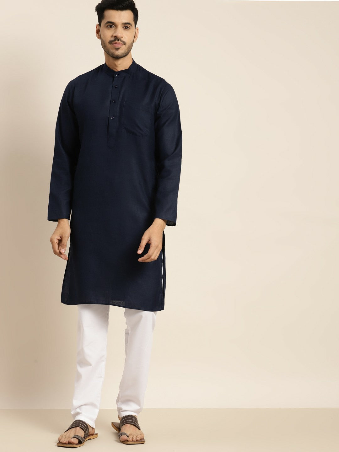 Men's Navy Blue Indigo Kurta – Solid, Mandarin Collar, Knee-Length Cotton Kurta | Indiaista