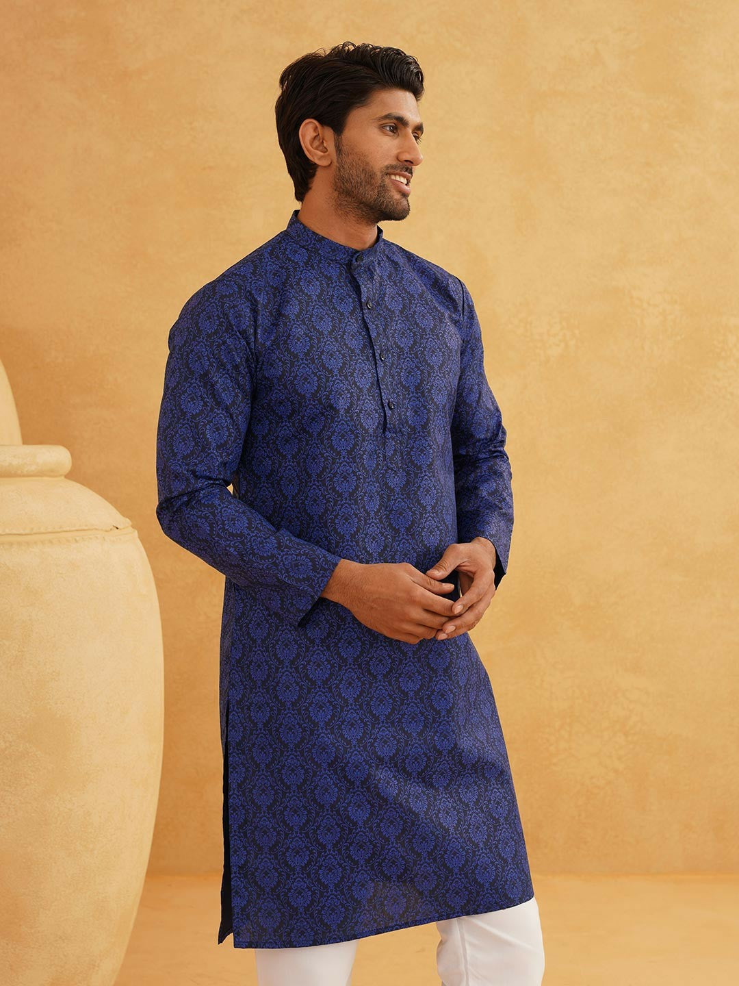 Men’s Navy Blue & White Ethnic Motifs Printed Kurta – Cotton Linen, Mandarin Collar, Knee Length | Indiaista