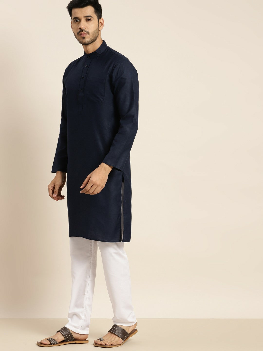 Men's Navy Blue Indigo Kurta – Solid, Mandarin Collar, Knee-Length Cotton Kurta | Indiaista