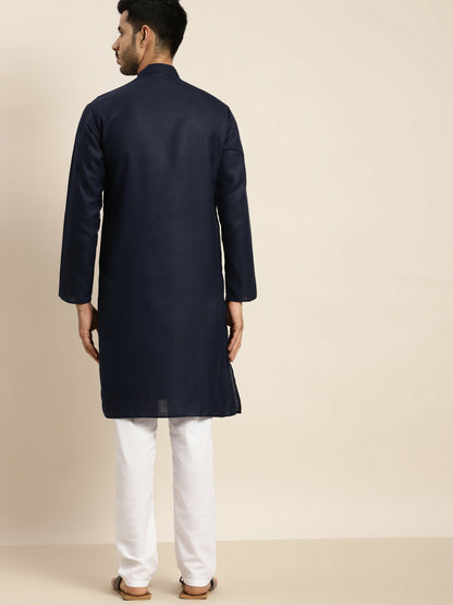 Men's Navy Blue Indigo Kurta – Solid, Mandarin Collar, Knee-Length Cotton Kurta | Indiaista