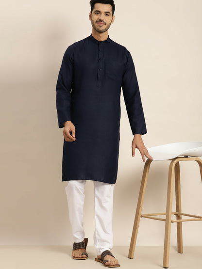 Men's Navy Blue Indigo Kurta – Solid, Mandarin Collar, Knee-Length Cotton Kurta | Indiaista