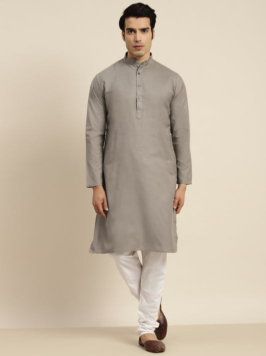 Men’s Grey Solid Kurta – Mandarin Collar, Knee-Length Cotton Kurta | Indiaista