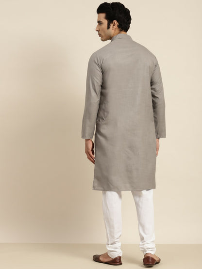 Men’s Grey Solid Kurta – Mandarin Collar, Knee-Length Cotton Kurta | Indiaista