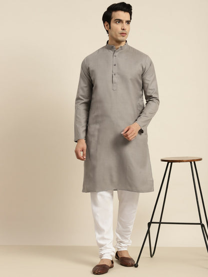 Men’s Grey Solid Kurta – Mandarin Collar, Knee-Length Cotton Kurta | Indiaista