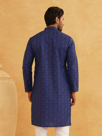 Men’s Navy Blue & White Ethnic Motifs Printed Kurta – Cotton Linen, Mandarin Collar, Knee Length | Indiaista