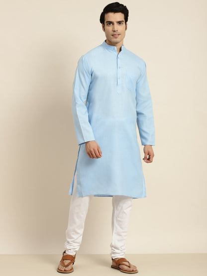 Men's Blue Solid Band Collar Kurta – Mandarin Collar, Regular Fit, Knee-Length Cotton Kurta | Indiaista