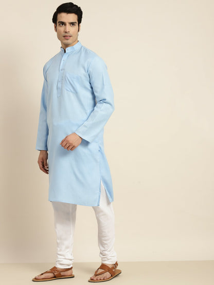 Men's Blue Solid Band Collar Kurta – Mandarin Collar, Regular Fit, Knee-Length Cotton Kurta | Indiaista