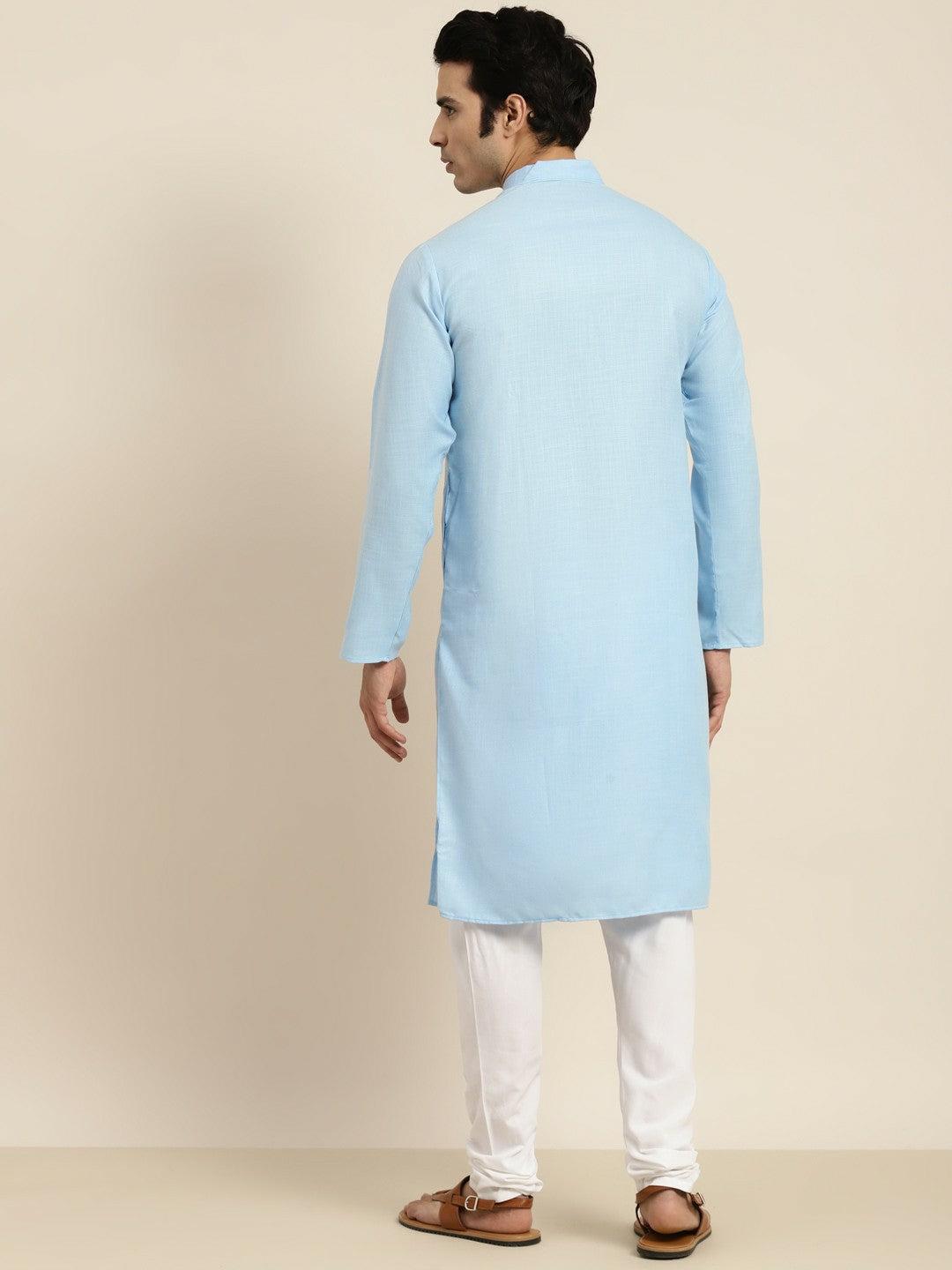 Men's Blue Solid Band Collar Kurta – Mandarin Collar, Regular Fit, Knee-Length Cotton Kurta | Indiaista