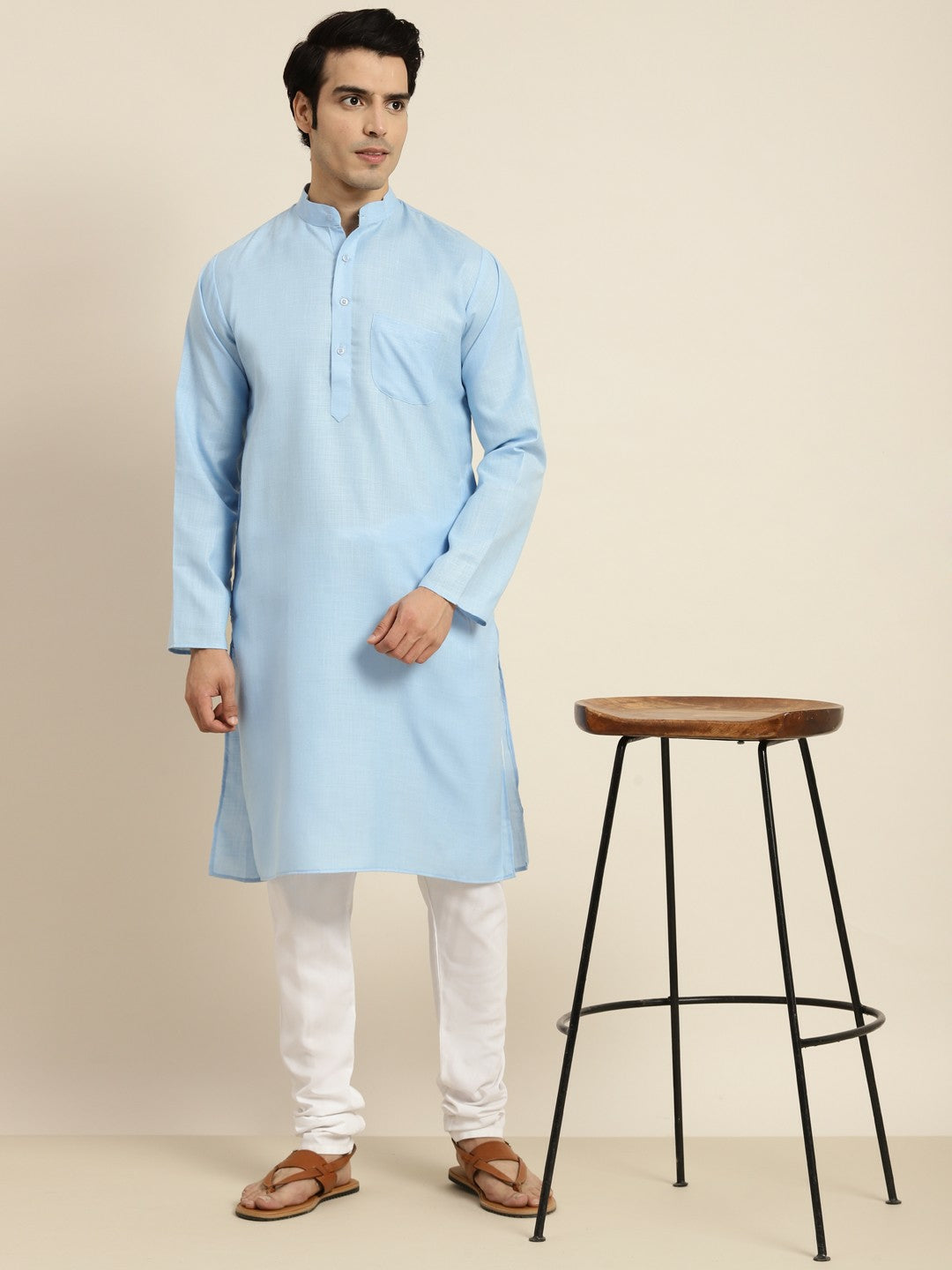 Men's Blue Solid Band Collar Kurta – Mandarin Collar, Regular Fit, Knee-Length Cotton Kurta | Indiaista