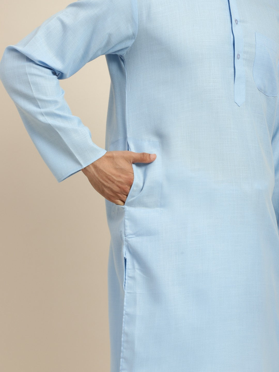 Men's Blue Solid Band Collar Kurta – Mandarin Collar, Regular Fit, Knee-Length Cotton Kurta | Indiaista