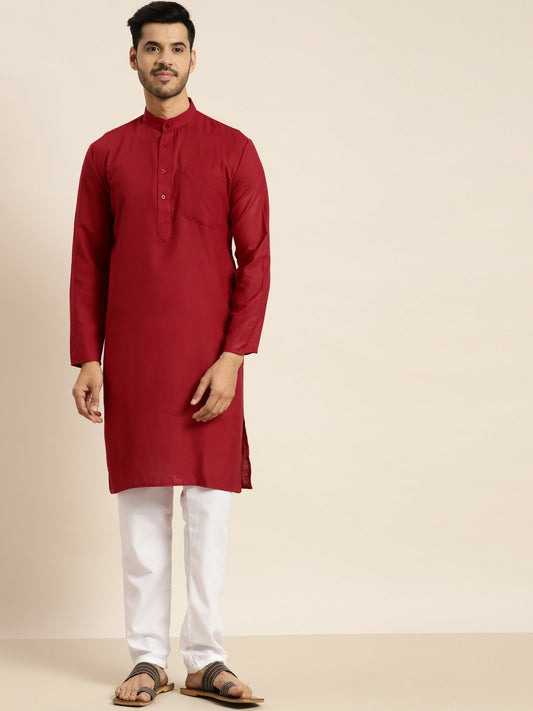 Men's Red Solid Kurta – Mandarin Collar, Regular Cotton, Knee-Length Ethnic Wear | Indiaista