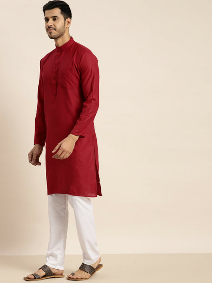 Men's Red Solid Kurta – Mandarin Collar, Regular Cotton, Knee-Length Ethnic Wear | Indiaista