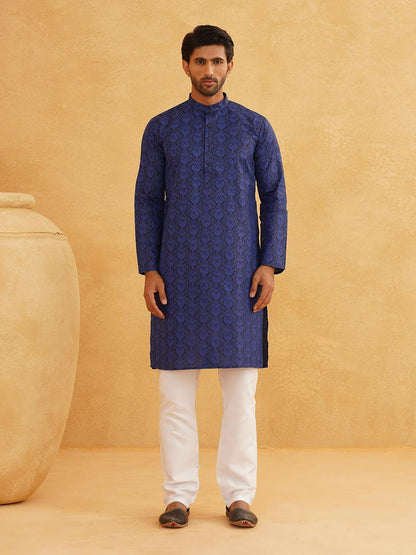 Men’s Navy Blue & White Ethnic Motifs Printed Kurta – Cotton Linen, Mandarin Collar, Knee Length | Indiaista