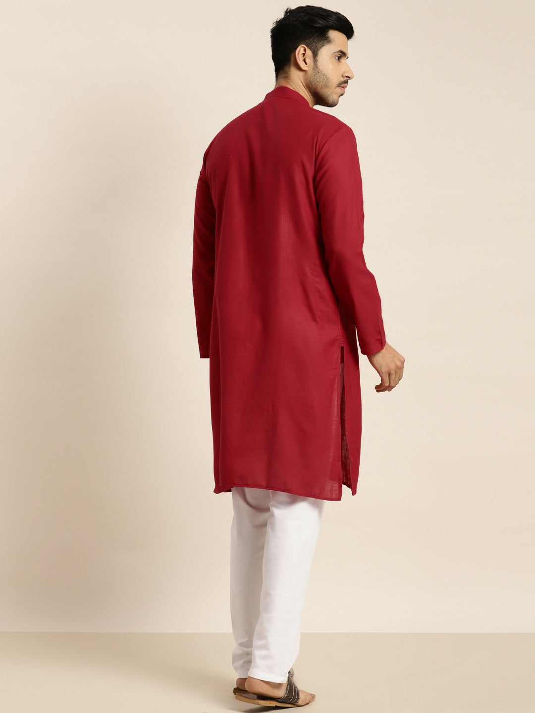 Men's Red Solid Kurta – Mandarin Collar, Regular Cotton, Knee-Length Ethnic Wear | Indiaista