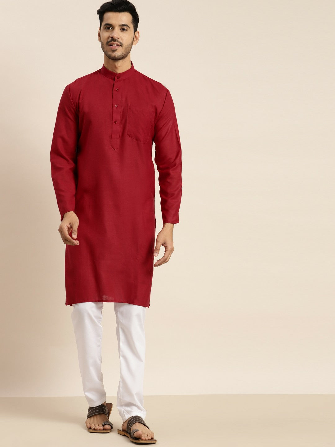 Men's Red Solid Kurta – Mandarin Collar, Regular Cotton, Knee-Length Ethnic Wear | Indiaista