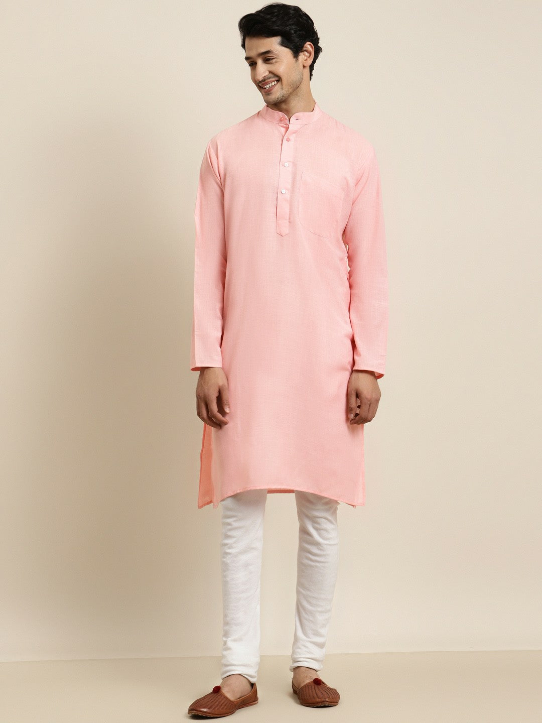 Men's Pink Solid Kurta – Mandarin Collar, Cotton Fabric, Knee Length | Indiaista