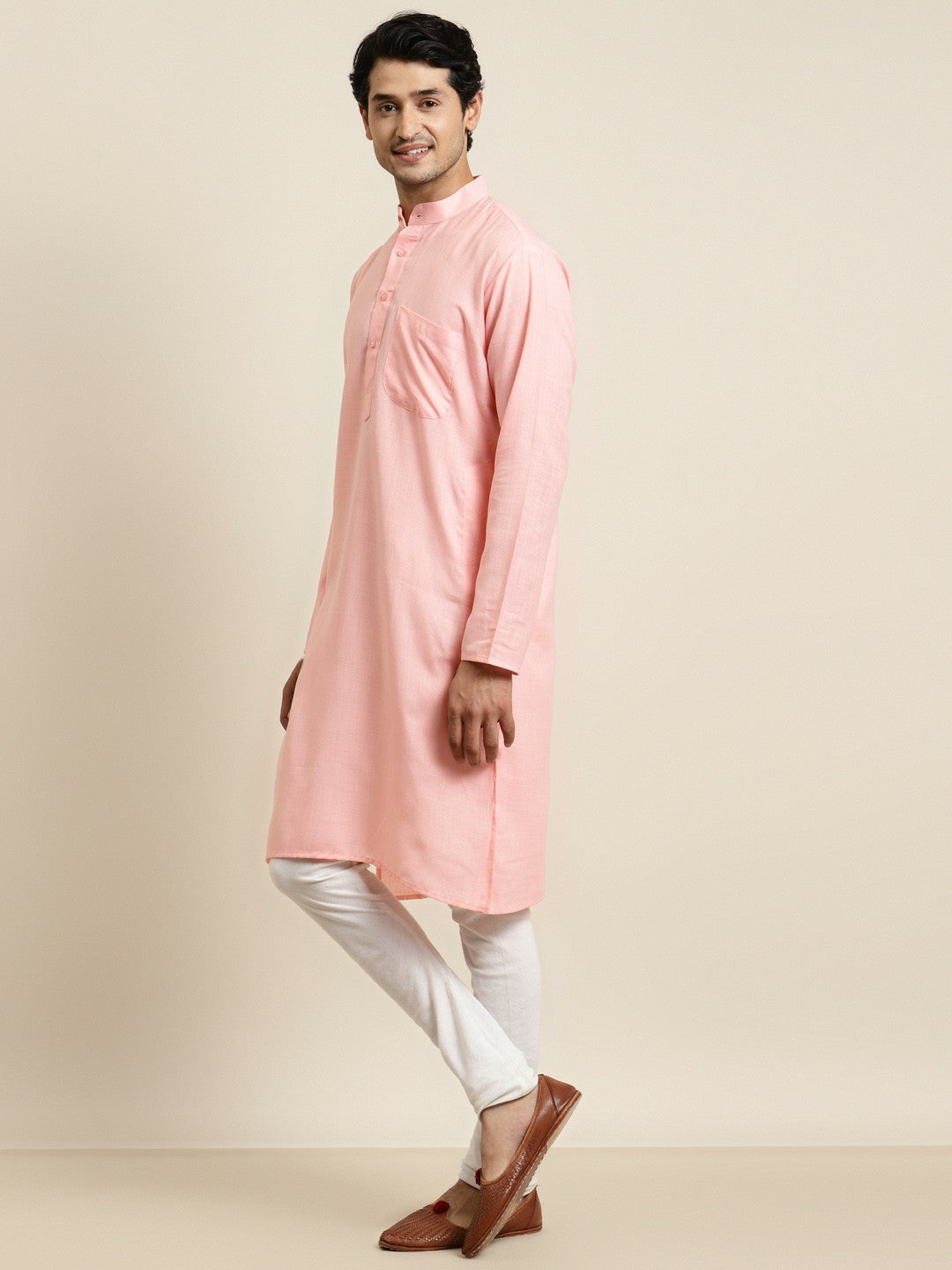 Men's Pink Solid Kurta – Mandarin Collar, Cotton Fabric, Knee Length | Indiaista