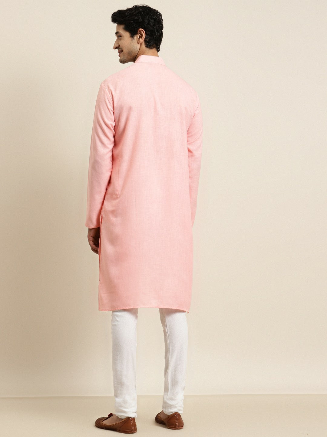 Men's Pink Solid Kurta – Mandarin Collar, Cotton Fabric, Knee Length | Indiaista