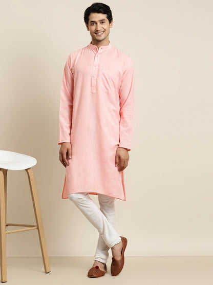 Men's Pink Solid Kurta – Mandarin Collar, Cotton Fabric, Knee Length | Indiaista