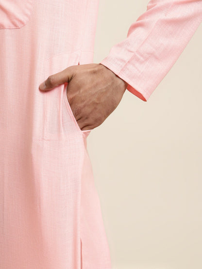 Men's Pink Solid Kurta – Mandarin Collar, Cotton Fabric, Knee Length | Indiaista