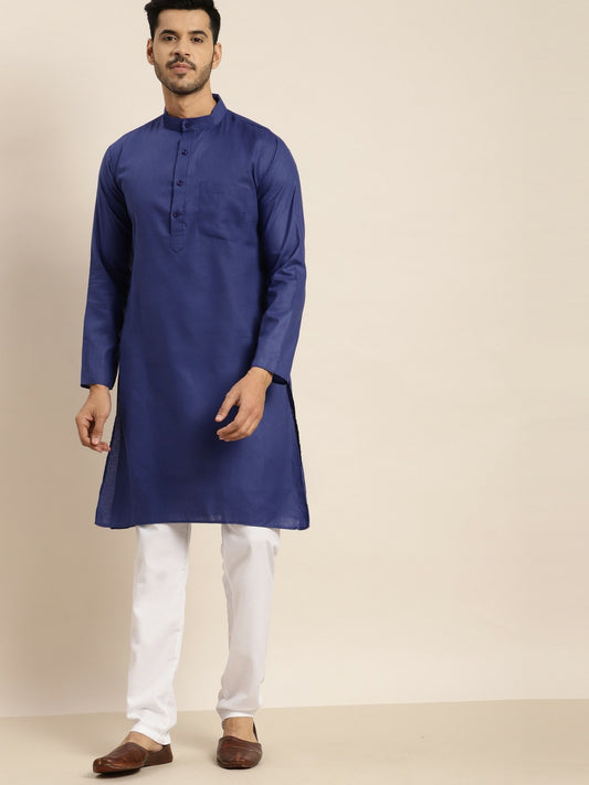 Men's Blue Solid Kurta – Mandarin Collar, Knee-Length, Regular Fit Cotton Kurta | Indiaista