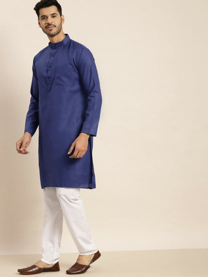 Men's Blue Solid Kurta – Mandarin Collar, Knee-Length, Regular Fit Cotton Kurta | Indiaista