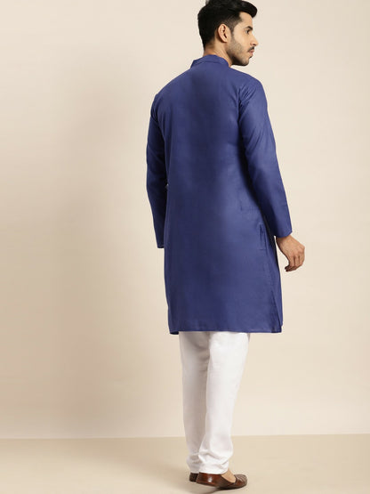 Men's Blue Solid Kurta – Mandarin Collar, Knee-Length, Regular Fit Cotton Kurta | Indiaista