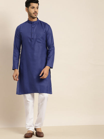 Men's Blue Solid Kurta – Mandarin Collar, Knee-Length, Regular Fit Cotton Kurta | Indiaista