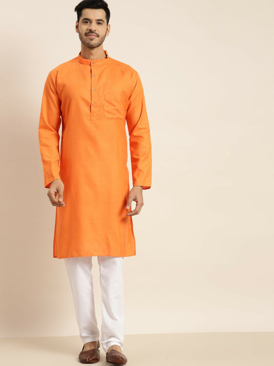 Men's Orange Solid Kurta – Mandarin Collar, Knee Length, Regular Cotton | Indiaista