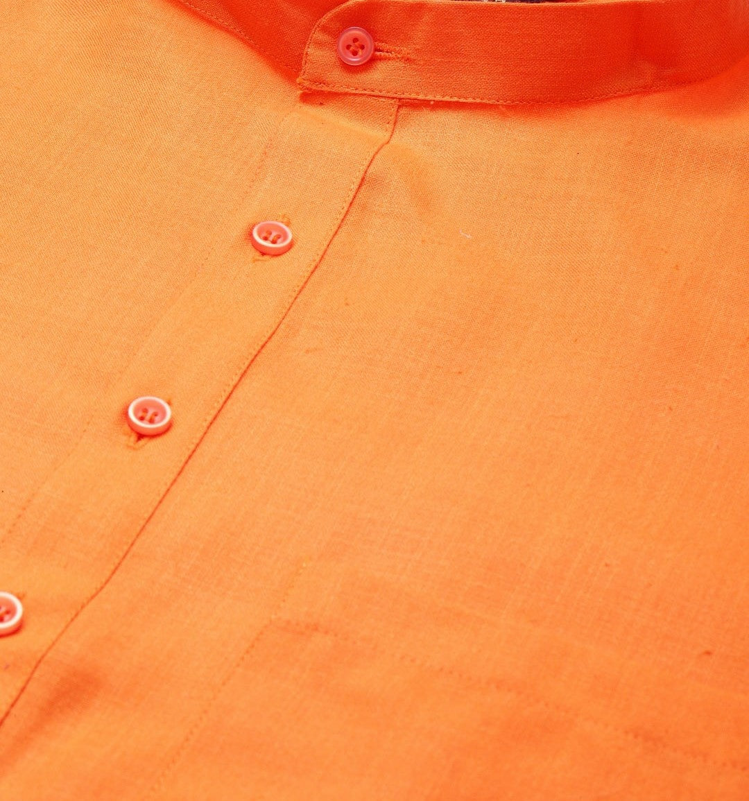 Men's Orange Solid Kurta – Mandarin Collar, Knee Length, Regular Cotton | Indiaista