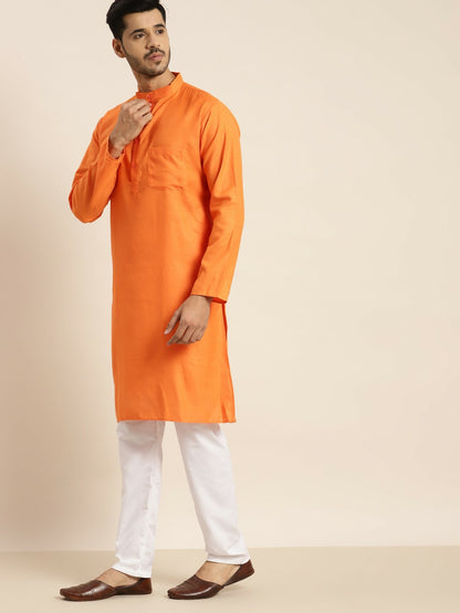 Men's Orange Solid Kurta – Mandarin Collar, Knee Length, Regular Cotton | Indiaista