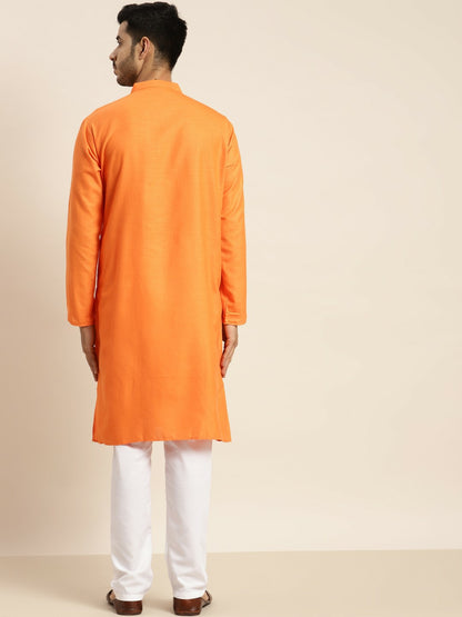 Men's Orange Solid Kurta – Mandarin Collar, Knee Length, Regular Cotton | Indiaista