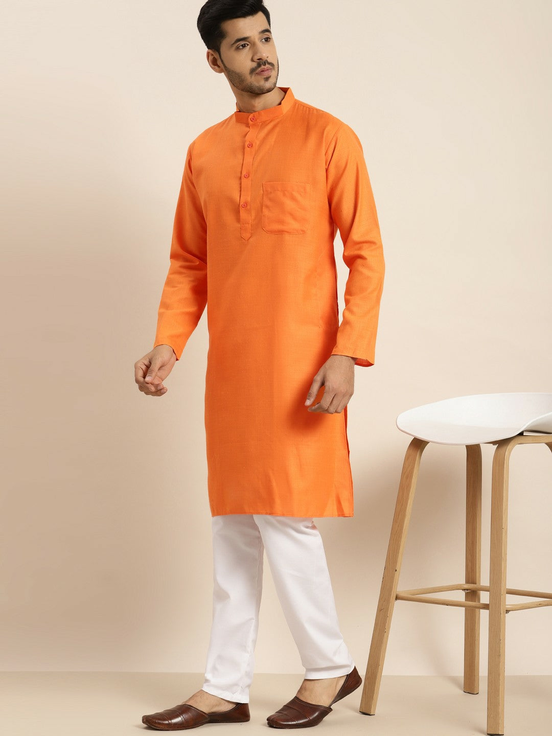 Men's Orange Solid Kurta – Mandarin Collar, Knee Length, Regular Cotton | Indiaista