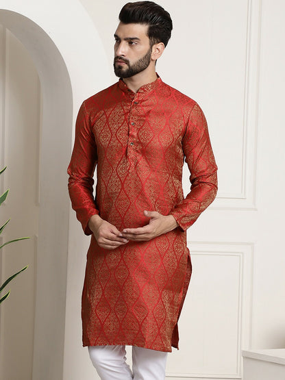 Men's Red & Golden Jacquard Silk Kurta – Ethnic Motifs, Mandarin Collar, Knee Length | Indiaista