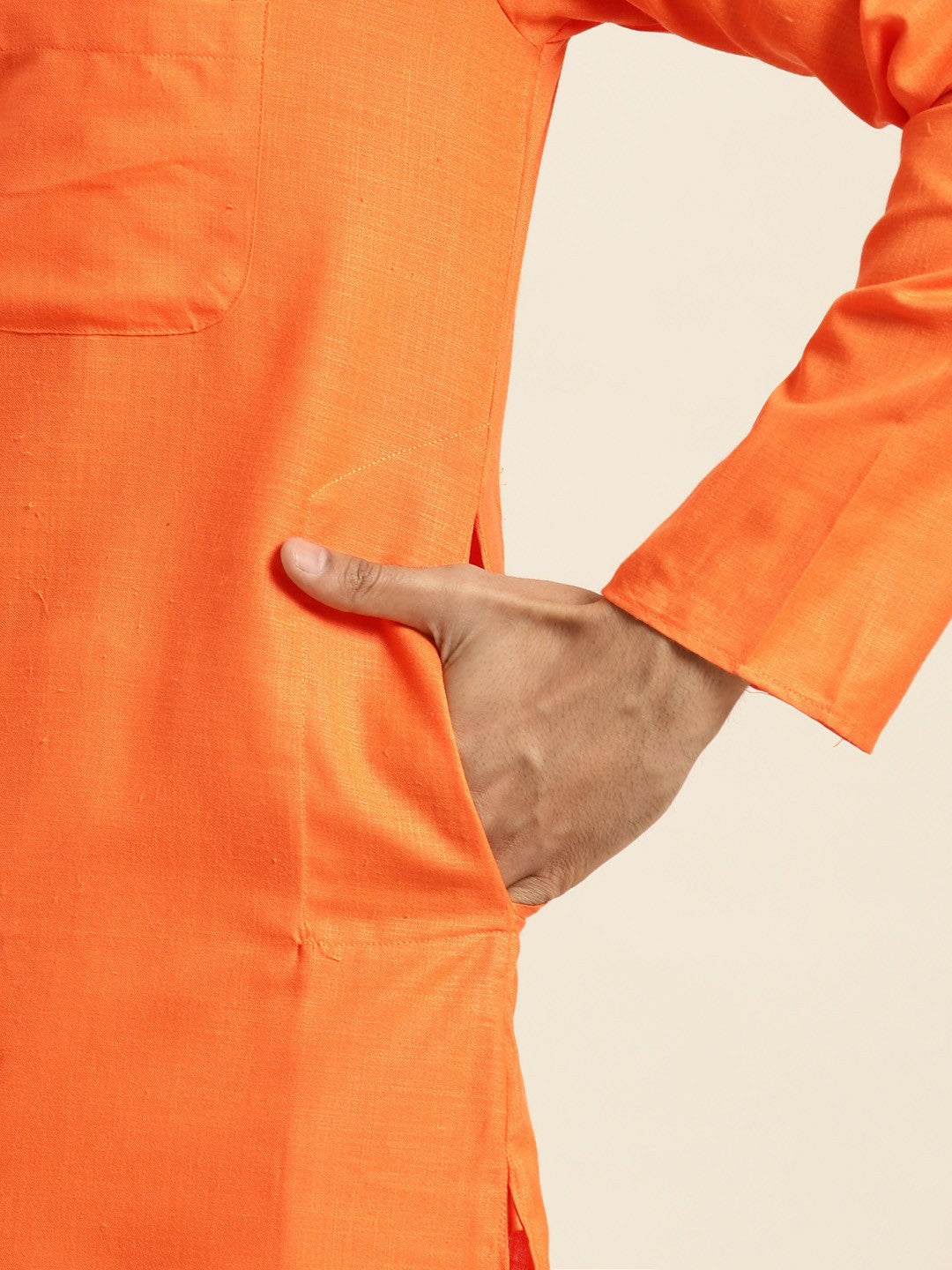 Men's Orange Solid Kurta – Mandarin Collar, Knee Length, Regular Cotton | Indiaista