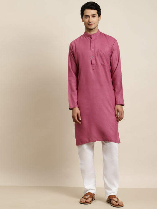 Men's Coral Mandarin Collar Kurta – Solid, Knee-Length, Cotton | Indiaista