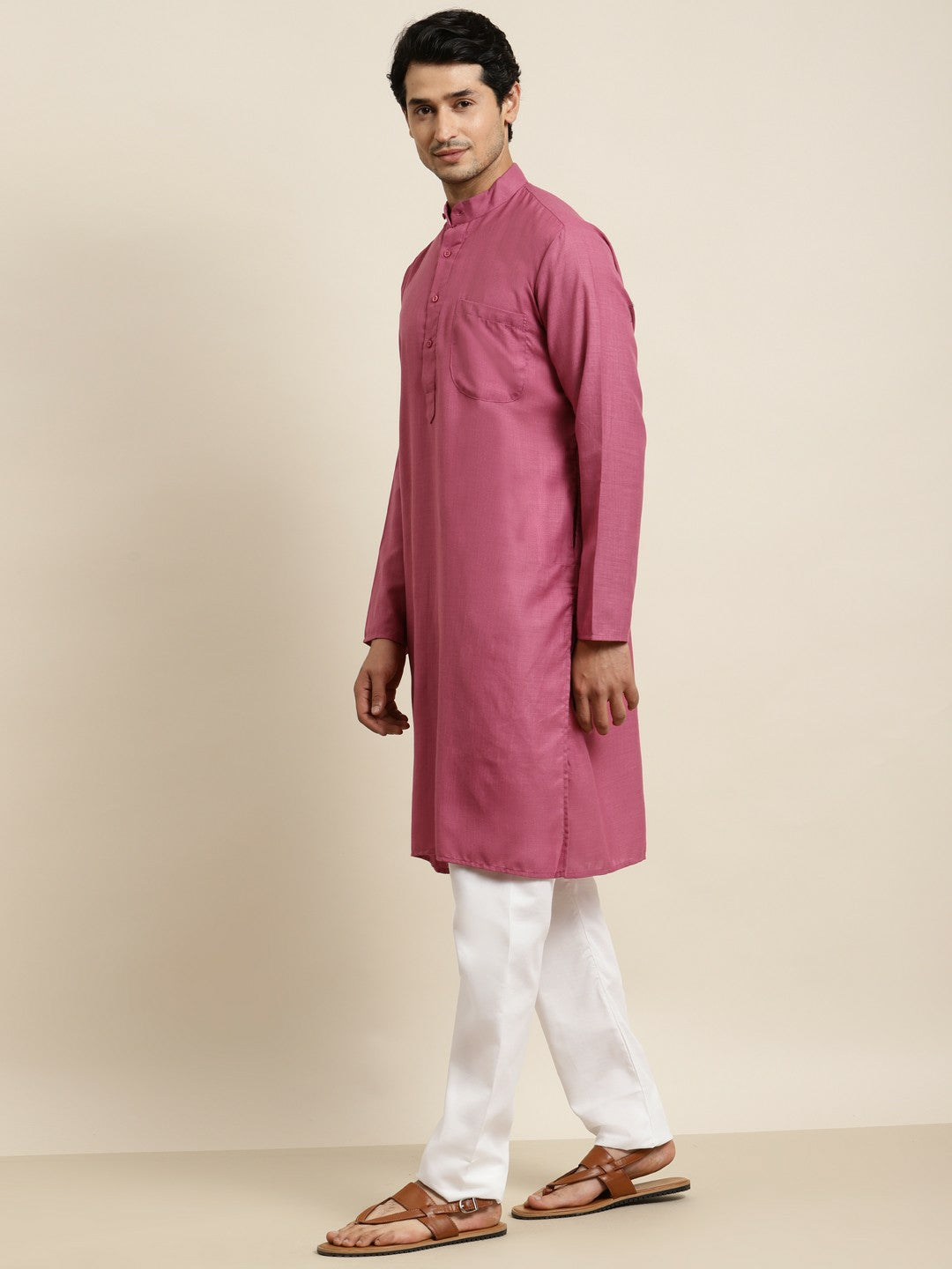 Men's Coral Mandarin Collar Kurta – Solid, Knee-Length, Cotton | Indiaista