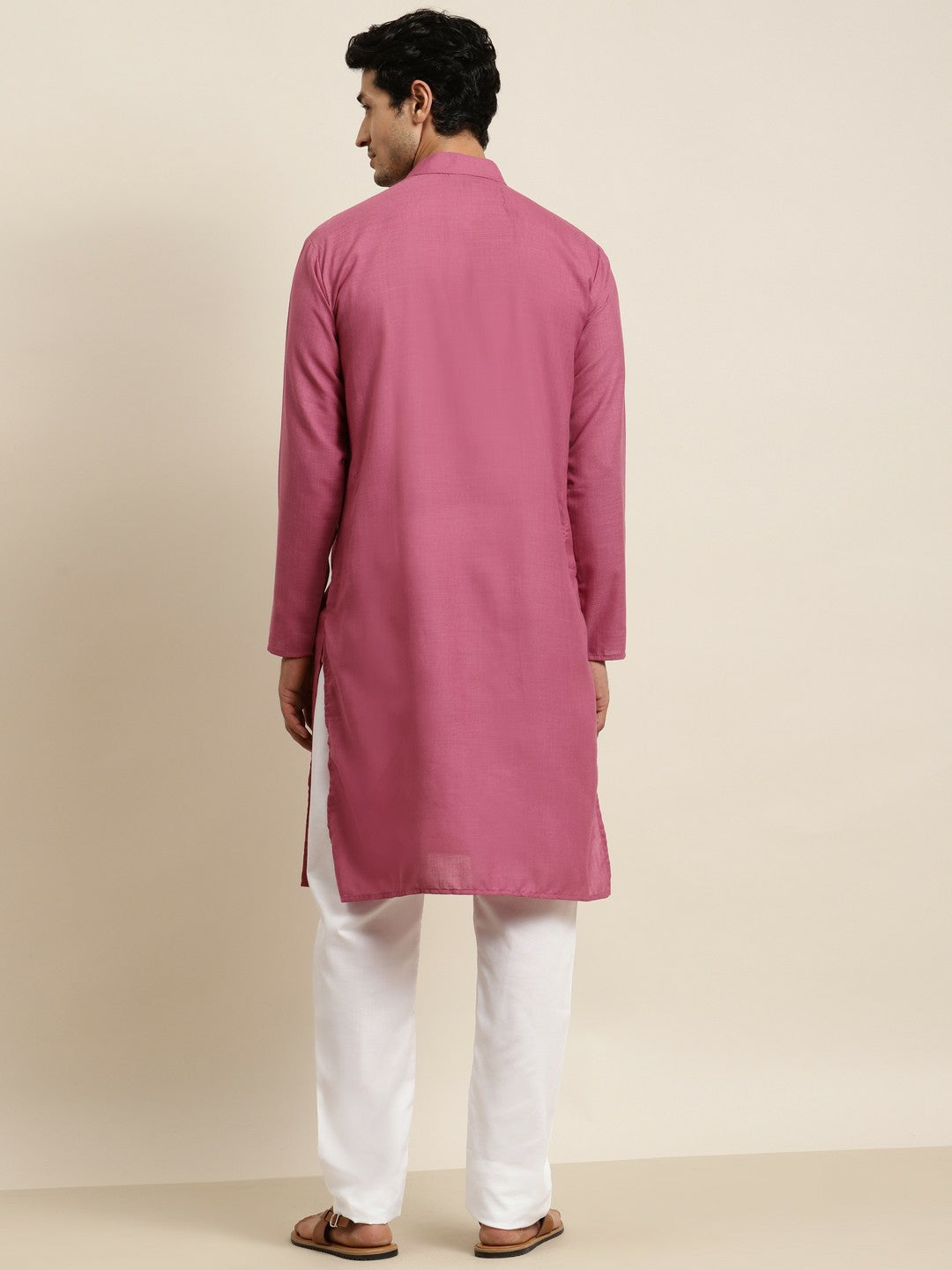 Men's Coral Mandarin Collar Kurta – Solid, Knee-Length, Cotton | Indiaista