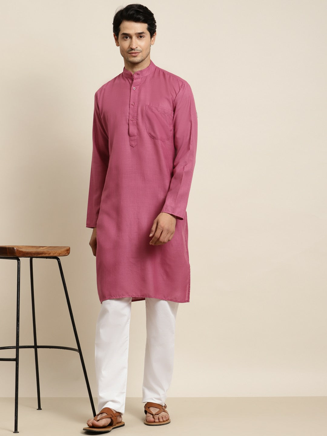 Men's Coral Mandarin Collar Kurta – Solid, Knee-Length, Cotton | Indiaista