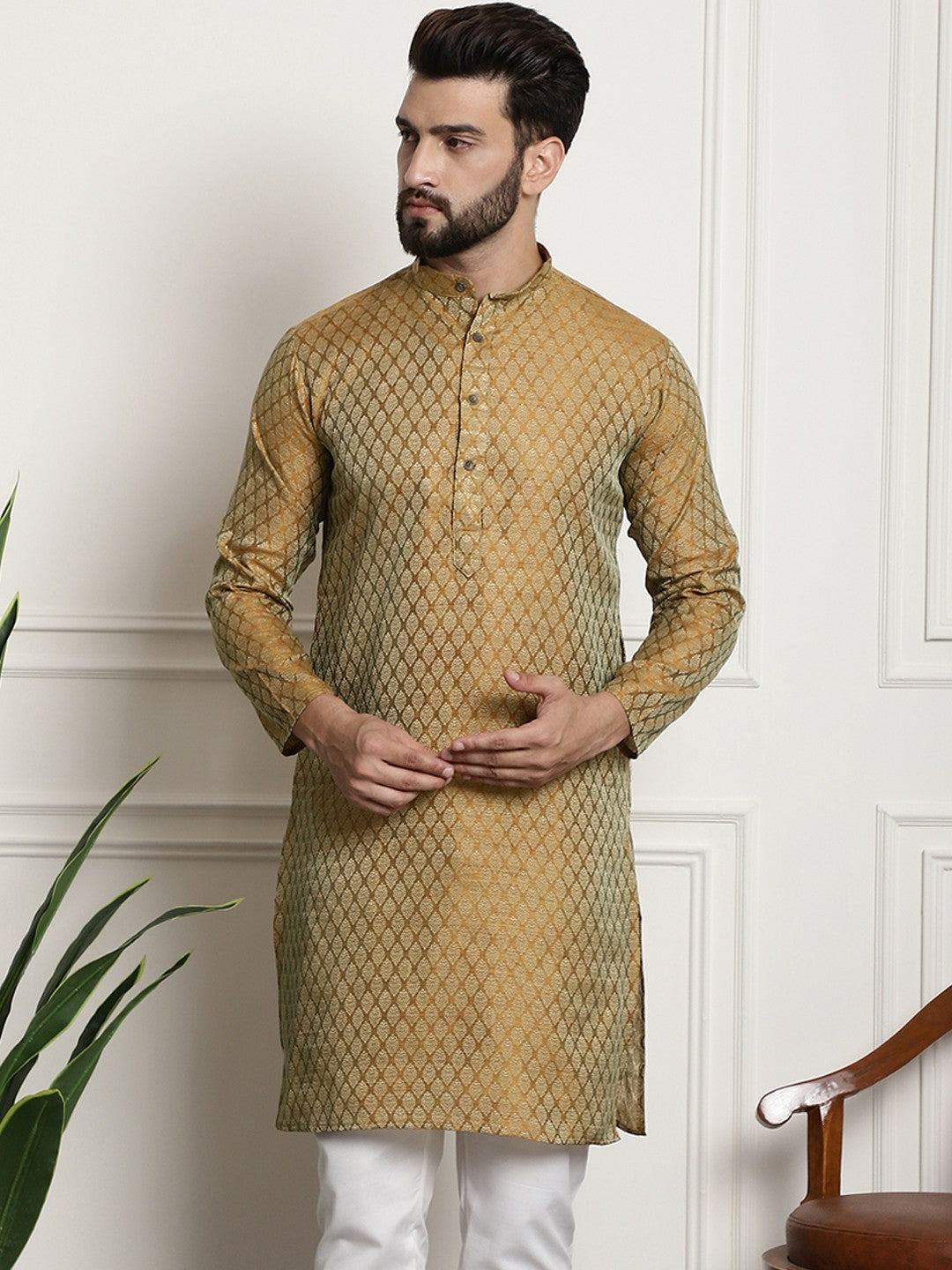 Men's Mustard Yellow Woven Design Silk Cotton Kurta – Mandarin Collar, Zari Detailing, Knee Length | Indiaista