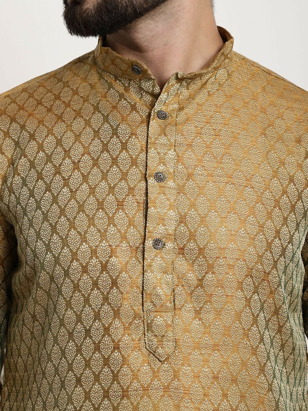 Men's Mustard Yellow Woven Design Silk Cotton Kurta – Mandarin Collar, Zari Detailing, Knee Length | Indiaista