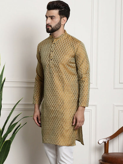 Men's Mustard Yellow Woven Design Silk Cotton Kurta – Mandarin Collar, Zari Detailing, Knee Length | Indiaista