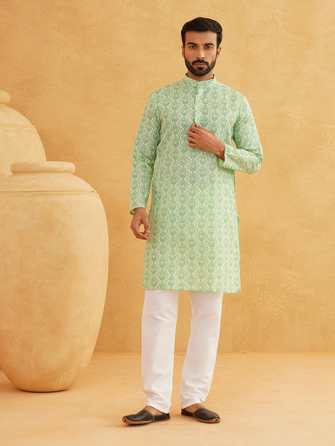 Men's Green & White Ethnic Motifs Printed Cotton Kurta – Mandarin Collar, Knee Length | Indiaista