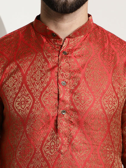 Men's Red & Golden Jacquard Silk Kurta – Ethnic Motifs, Mandarin Collar, Knee Length | Indiaista